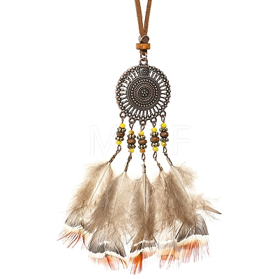 Ethnic Style Alloy & Wood Woven Web/Net with Feather Big Pendant Faux Suede Cord Necklaces for Women FS-WG285C1-06-1