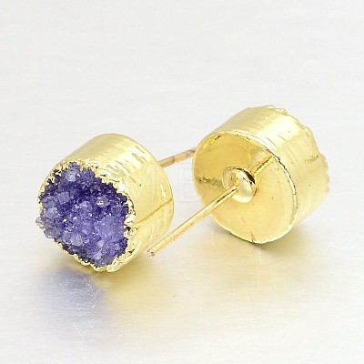 Flat Round Natural Druzy Agate Stud Earrings EJEW-L168-05-1