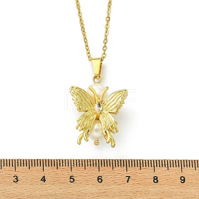 Brass Micro Pave Cubic Zirconia and Natural Pearl Butterfly Pendant 304 Stainless Steel Cable Chain Necklaces for Women NJEW-JN06182-1