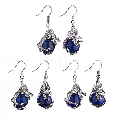 Natural Dyed Lapis Lazuli Dragon Dangle Earrings EJEW-A092-06P-04-1