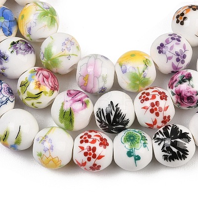 Mixed Styles Floral Printed Porcelain Beads Strands PORC-M004-02M-1
