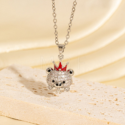 Brass Micro Pave Clear Cubic Zirconia and Enamel Bear with Red Crown Pendant Necklaces for Women WGF3CC5-02-1