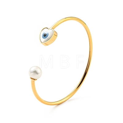 Shell Pearl & Heart with Evil Eye Open Cuff Bangle BJEW-G647-03G-1