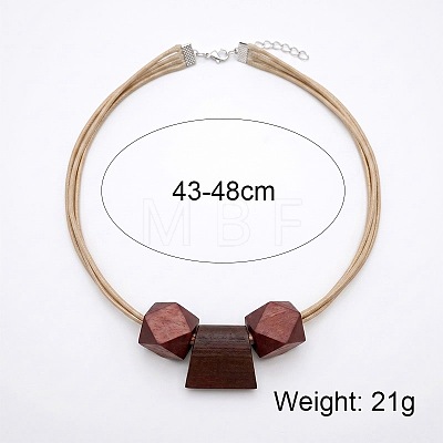 Wooden Faceted Round and Trapezoid Beads Pendant Imitation Leather Cord Multi-Strand Necklaces for Women WG6B682-01-1