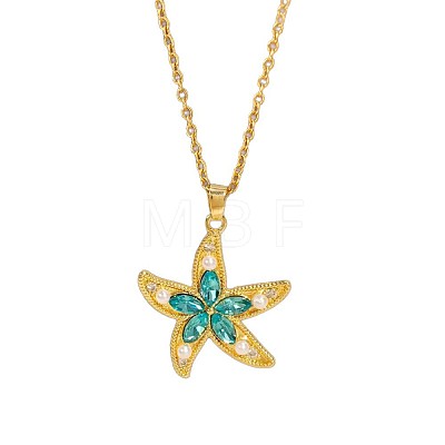 Ocean Brass Pave Turquoise Cubic Zirconia & Imitation Pearl Starfish Pendant 304 Stainless Steel Cable Chain Necklaces for Women WGB0B07-01-1