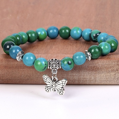 8MM Round Natural Chrysocolla Beaded Stretch Bracelets with Alloy Butterfly Charms FQ7211-21-1