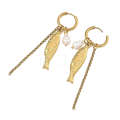 Natural Cultured Freshwater Pearl & 304 Stainless Steel Fish Charm Dangle Earrings for Women EJEW-JE07142-1