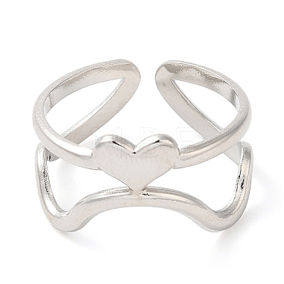 304 Stainless Steel Heart Open Cuff Ring for Women RJEW-I098-22P-1