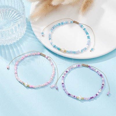 3Pcs 3 Color Natural Pearl & Glass Seed Braided Bead Bracelets Set BJEW-JB09534-1