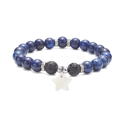 Natural Lava Rock & Synthetic Hematite & Mixed Gemstone Beaded Stretch Bracelets with Shell Star Charms BJEW-JB09402-1