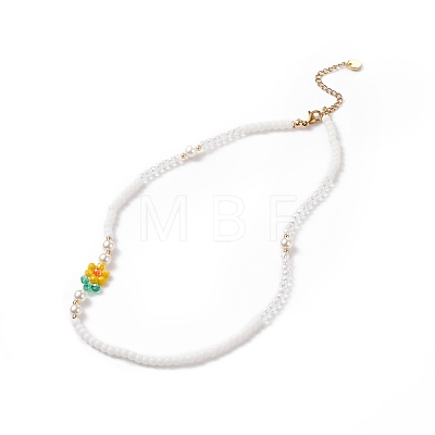 Handmade Millefiori Glass Flower & Shell Pearl Beaded Necklace for Women NJEW-TA00039-1