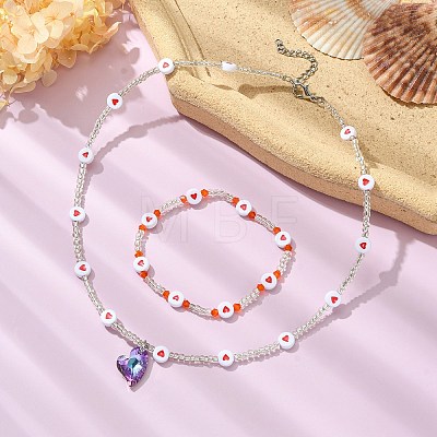 Acrylic and Glass Seed Heart Beaded Stretch Bracelet & Pendant Necklace SJEW-JS01282-1