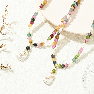 Natural Baroque Keshi Pearl Rectangle Pendant Natural Multicolor Tourmaline Faceted Cube Beaded Necklaces NJEW-JN06247-1