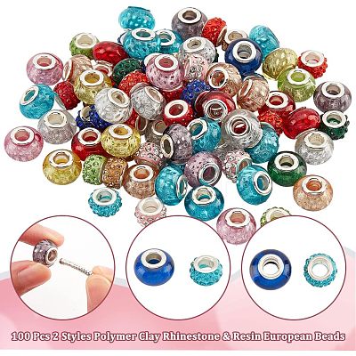  100Pcs 2 Style Polymer Clay Rhinestone & Resin European Large Hole Beads with Silver Color Plated Brass Cores FPDL-NB0001-04-1