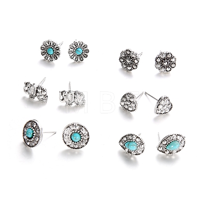 6 Pairs 6 Style Flower & Heart & Teardrop Synthetic Turquoise Stud Earrings with Rhinestone AJEW-PW0005-26AS-1