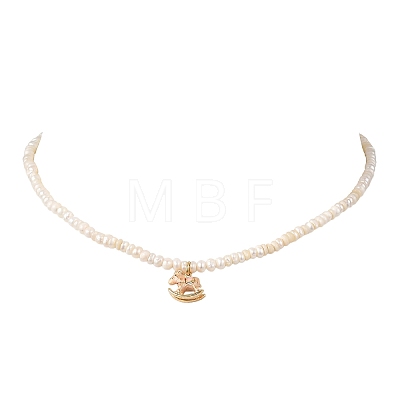 Brass Enamel Pink Rocking Horse Pendant Natural Cultured Freshwater Pearl Beaded Necklaces for Women NJEW-JN06163-1