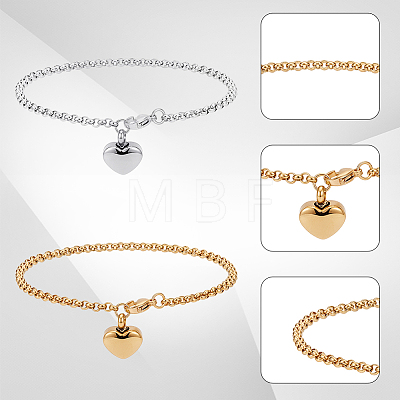 2Pcs 2 Colors Heart Non-Tarnish Stainless Steel Charm Bracelets BJEW-CN0001-22-1