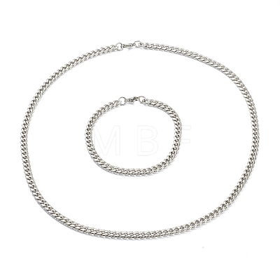 304 Stainless Steel Cuban Link Chain Bracelets & Necklaces Jewelry Sets SJEW-B019-03A-P-1