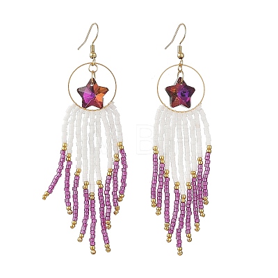 Star Glass Seed Beaded Dangle Tassel Earrings EJEW-MZ00777-03-1