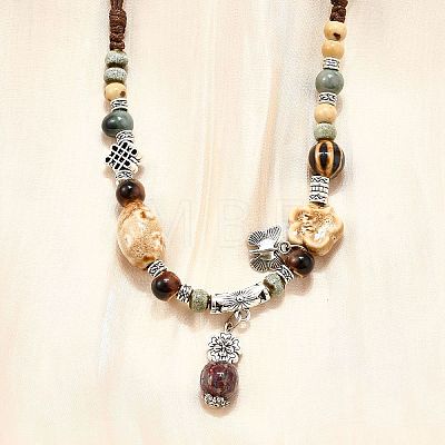 Ethnic Style Alloy & Porcelain Ceramic Beads Pendant Tassel Y Necklaces NJEW-D308-03B-1