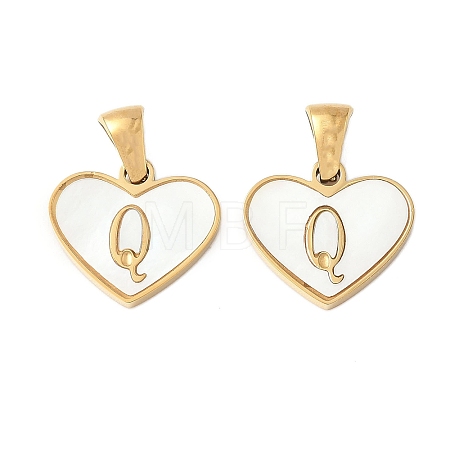 304 Stainless Steel Pave Natural White Shell Heart with Initial Slice Pendants STAS-R168-25G-Q-1