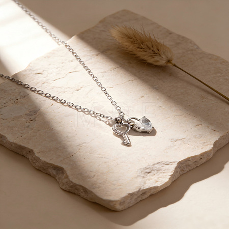 304 Stainless Steel Pave Clear Cubic Zirconia Heart & Key Pendant Necklaces for Women WG37553-02-1