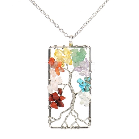 Platinum Tone Copper Wire Gemstone Chips Pendant Necklaces PW-WG96088-02-1