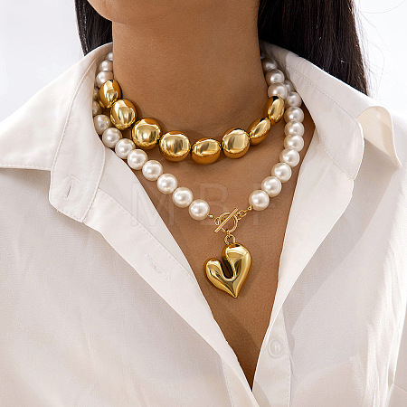 CCB Plastic Heart Pendant Alloy & Plastic Pearl Beaded Double Layered Necklaces for Women FS-WG4655B-09-1