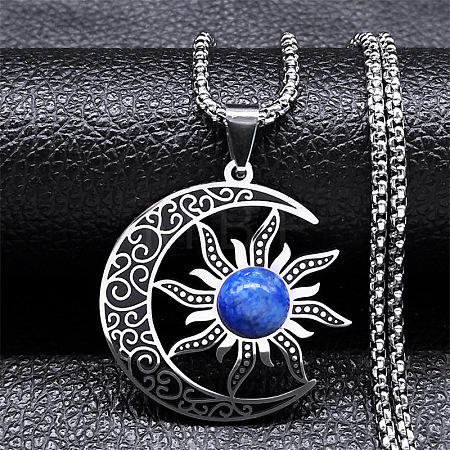 Gothic Moon Sun 201 Stainless Steel Pave Natural Lapis Lazuli Pendant Necklaces for Women FS-WG56BEB-03-1