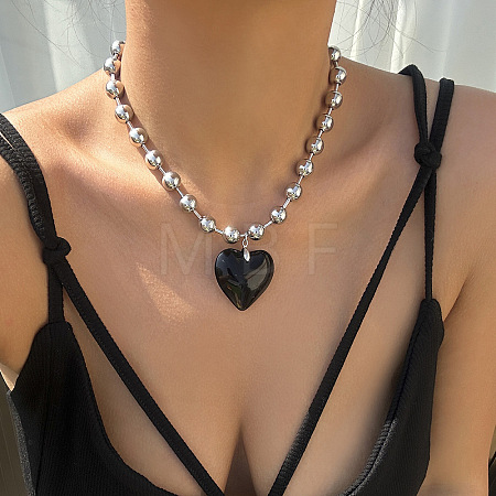 Iron and Glass Heart Pendant CCB Plastic Round Beaded Necklaces for Women FS-WGDB55B-07-1