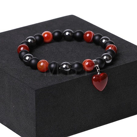 Natual Black Obsidian & Synthetic Non-magnetic Hematite & Natural Carnelian Beads Charm Bracelets AC2290-2-1