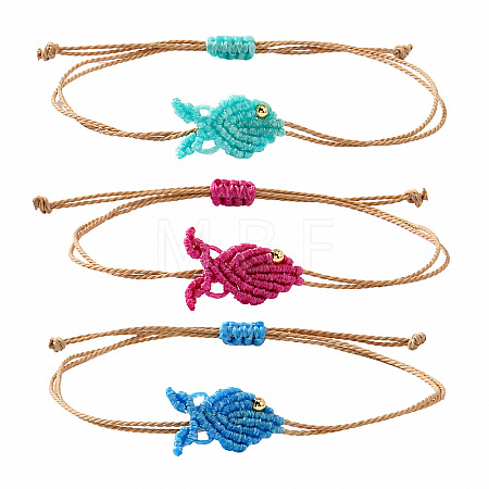 Ocean Adjustable Braided Wax Cord Fish Link Bracelet Sets with Brass Beads for Women XU5174-11-1