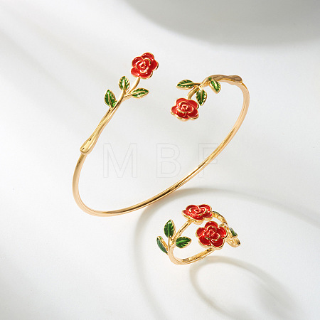 Camellia Flower Brass Enamel Cuff Bangles & Rings Sets for Women WGC9600-01-1