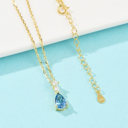 925 Sterling Silver Sapphire Rhinestone Teardrop Pendant Necklace for Women NJEW-V013-01G-1
