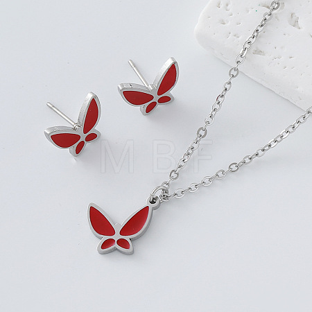 304 Stainless Steel Enamel Butterfly Pendant Necklace & Stud Earrings Set for Women AP1846-5-1