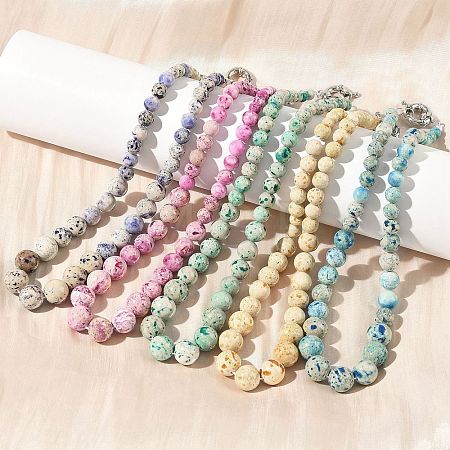 Dyed Natural Fossil Graduated Round Beaded Necklaces NJEW-F368-03P-1