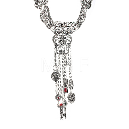 Ethnic Alloy Resin Filigree Flower Geometric Key Tassel Pendant Necklaces for Women WG2659D-02-1