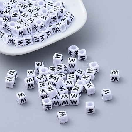 Letter W White Letter Acrylic Cube Beads X-PL37C9308-W-1