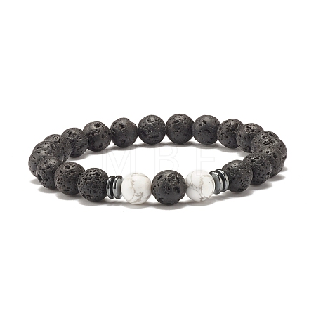Natural Lava Rock Round Beaded Stretch Bracelet with Howlite BJEW-JB07581-02-1