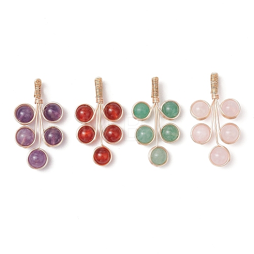 4Pcs 4 Styles Natural Rose Quartz & Green Aventurine & Amethyst & Carnelian Round Copper Wire Wrapped Pendants PALLOY-TA00216-01-1