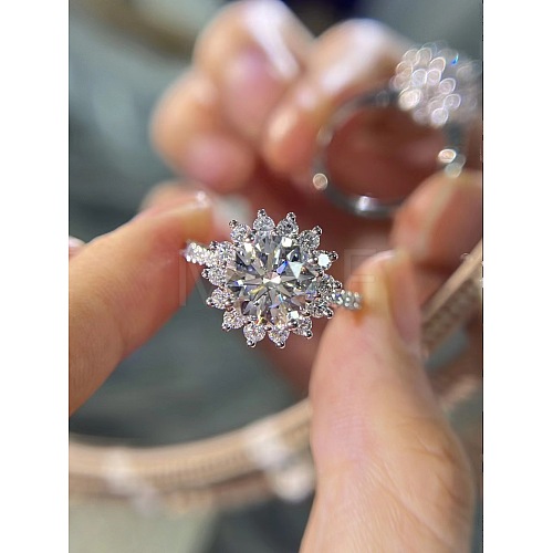 Rhodium Plated 925 Sterling Silver Flower Micro Pave Moissanite Adjustable Rings for Women WG9AA84-06-1