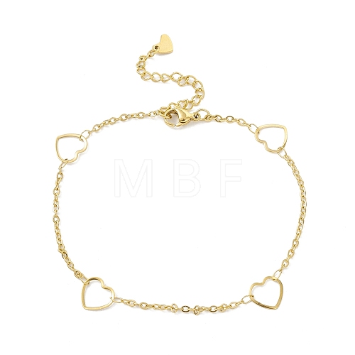 Vacuum Plating 304 Stainless Steel Heart Link Anklet with Cable Chains for Women STAS-E001-24G-1