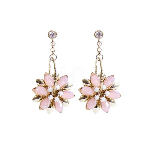 Flower Shape Brass Glass Imitation Rose Quartz Dangle Earrings EJEW-BB65719-A-1