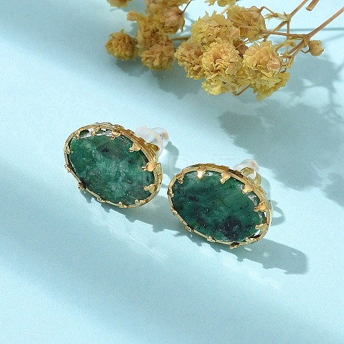 304 Stainless Steel Turquoise Oval Stud Earrings for Women EJEW-R010-01G-03-1