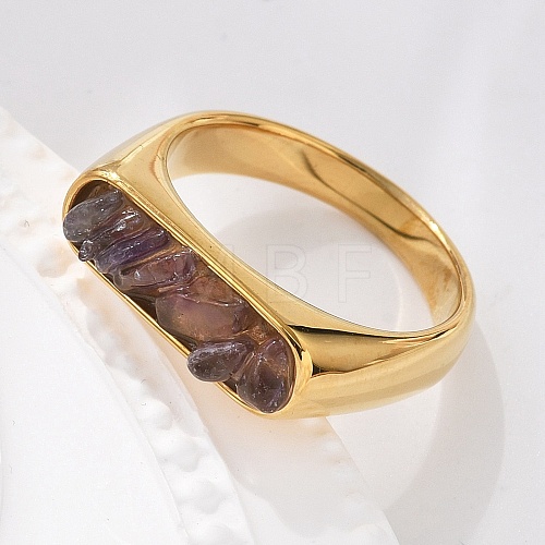 Rectangle Natural Amethyst Chips Finger Rings RJEW-D303-02G-05-1