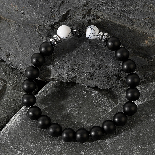 Round Natural Matt Black Onyx Beaded Stretch Bracelets for Men UV1347-2-1