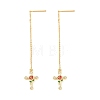 Cross with Flower Brass Clear Cubic Zirconia Ear Thread EJEW-H182-13G-4