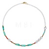 Bohemian Cuboid Dyed Natural Imperial Jasper & Red Agate & Synthetic Turquoise & Imitation Pearl & Glass Seed Beaded Necklaces TE0574-2-1