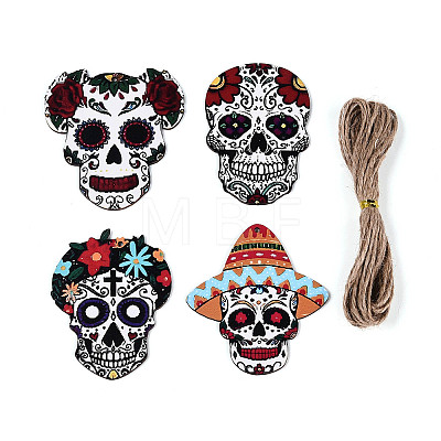 12Pcs UV Single Face Printed Wood Skull Pendant Decorations WOOD-N020-02-1