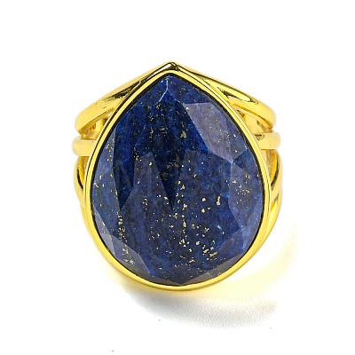 Teardrop Natural Lapis Lazuli Open Cuff Rings RJEW-C087-01G-01-1